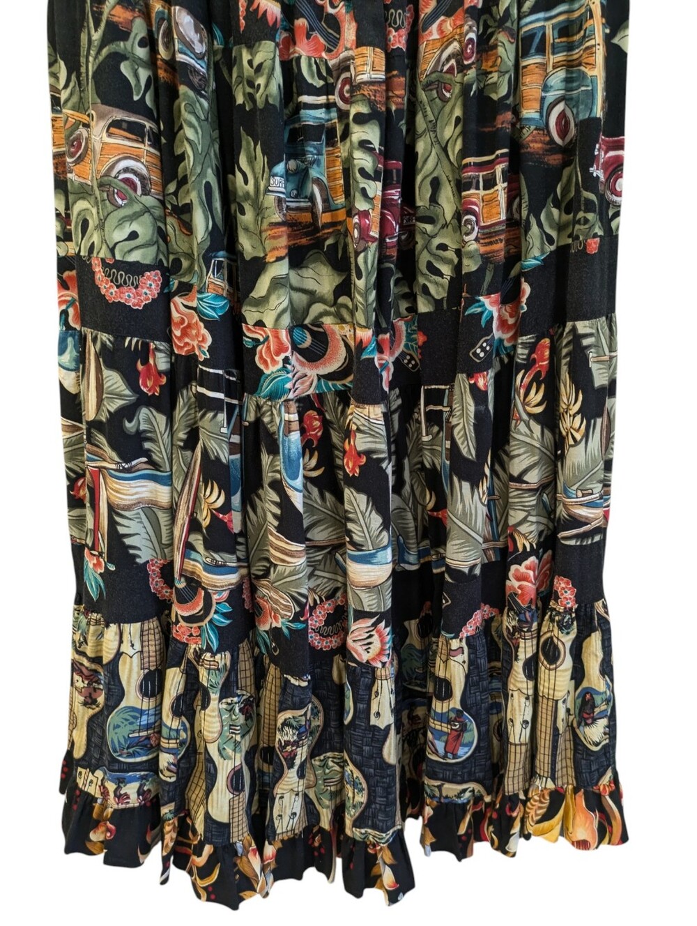 Anna Konya Tiered Full Circle Skirt OS Hawaiian Tropical Woody Wagon Tiki VTG - Picture 4 of 10